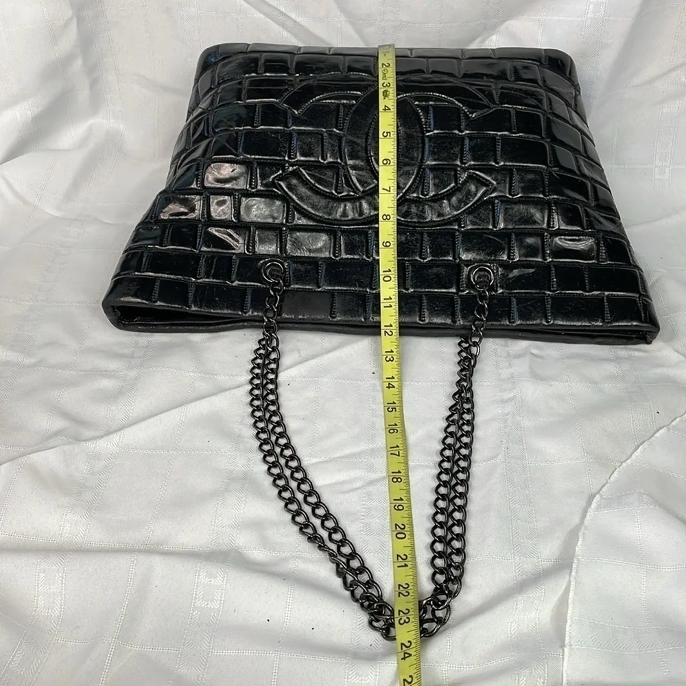 Chanel Brick Chocolate Bar Quilted Frozen Tote Bag Large Black Vinyl Chain Strap
